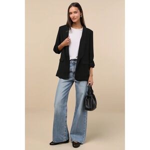 Lulus Small Black Blazer Ruched 3/4 Sleeve Open Front Career Chic Office